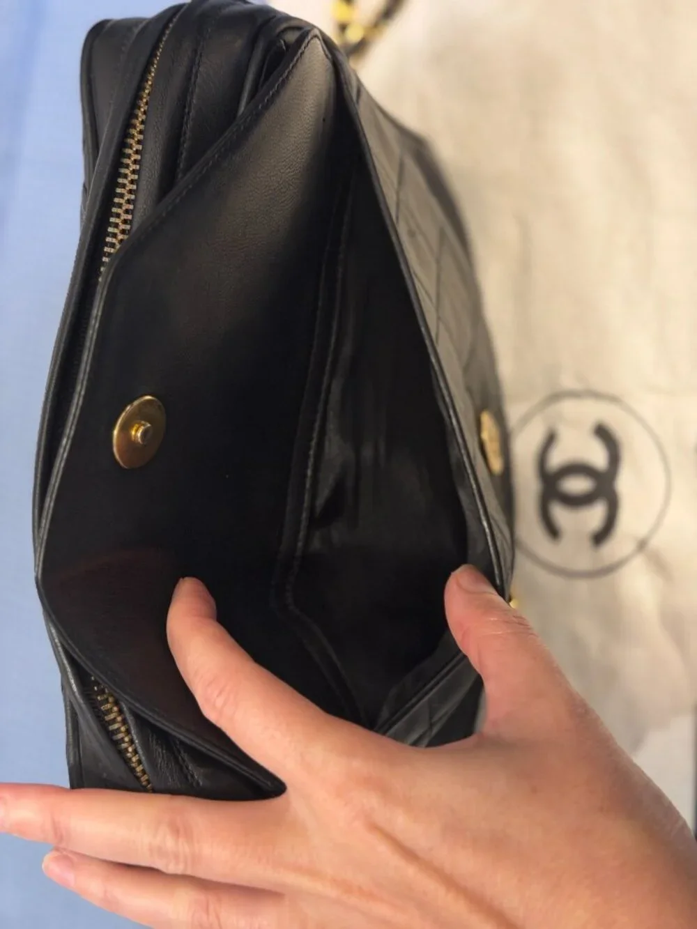 Vintage Chanel Camera Bag Black Lambskin Gold Tassel 1989-91 Card Dust Bag